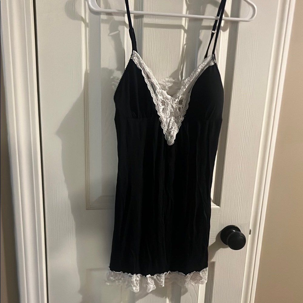 Victoria's Secret Black and White Lace Chemise with Plunging V-Neckline